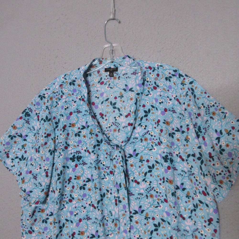 Talbots Top Women Plus 3X Blue Floral Tie Neck Cottage Core Short Sleeve‎ Flowy